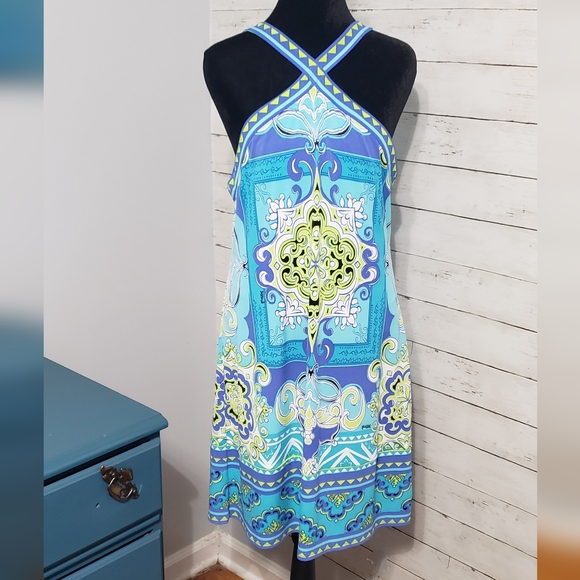 Hale Bob Dresses & Skirts - Hale Bob Blue & Aqua Printed Rare Crossback/Front Mini Dress Lining Large